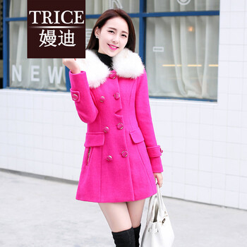 trice2015秋冬装新款时尚白毛领修身毛呢外套女中长款韩版毛呢大衣女 HYYF889 玫红色 L