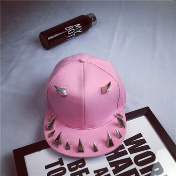 棒球帽牙齿牛角金属铆钉朋克hiphop嘻哈街舞dj款平沿帽 粉红