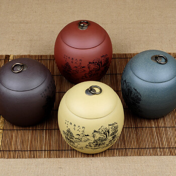 
                                        谱茗-宜兴紫砂茶具 普洱茶叶罐 紫砂大号散茶罐 大龙蛋  四色醒茶罐 一斤装山水 四色一套                