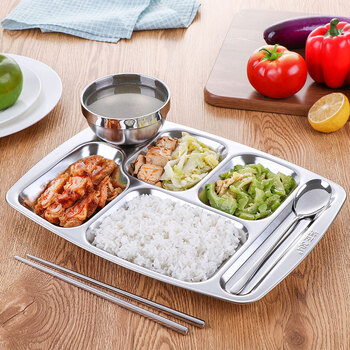 304不锈钢分餐盘儿童学生成人分格快餐盘长方形学校食堂餐盘饭盘 6格