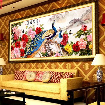 
                                        东方美绣丝带绣花开富贵孔雀3d十字绣精准印花客厅大画 168*70cm 丝带绣                