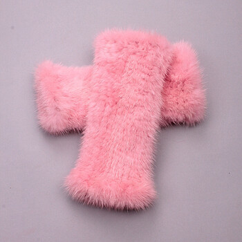 韩版加密加厚水貂毛 女半指中长款皮草手套电脑手套 粉色