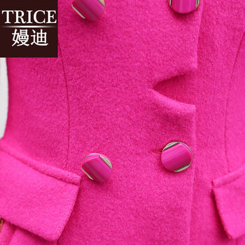 trice2015秋冬装新款时尚白毛领修身毛呢外套女中长款韩版毛呢大衣女 HYYF889 玫红色 L