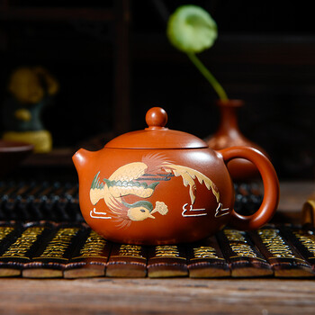 尊壶 宜兴紫砂壶西施壶民间艺人李怀磊作品手工堆绘凤凰鱼功夫茶具泡