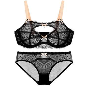 性感诱惑透明蕾丝镂空文胸套装女士薄款无海绵少女内衣胸罩夏 黑色