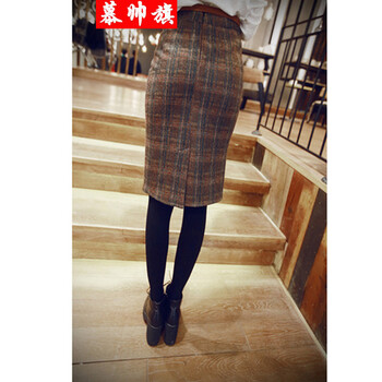 2014冬装韩版女装复古格子毛呢包臀半身裙腰带2054 图片色 M