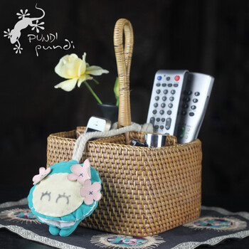 壁虎小屋 遥控器收纳盒 藤编手提化妆品  桌面收纳筐