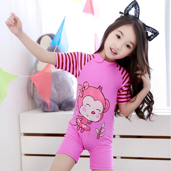 童连体泳裤可爱动画宝宝温泉泳装短袖保暖游泳衣 粉红女童连体泳裤