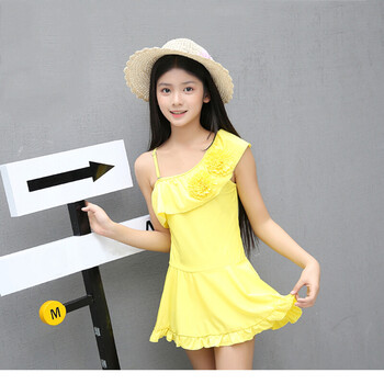 泳衣女孩女童韩国时尚中大童小学生裙式连体游泳衣 黄色4xl(15-17岁)