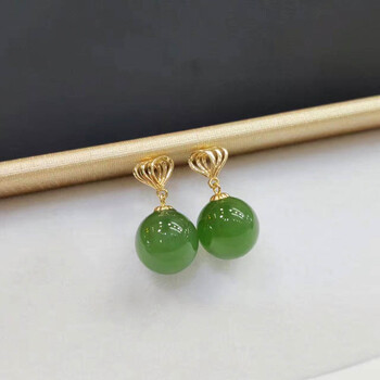 萃尚18k金和田碧玉耳环 俄碧老料 附证书 款4 10mm