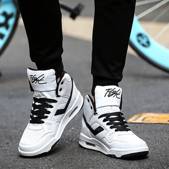 大舌头高帮鞋男滑板鞋男高腰鞋秋季高帮板鞋学生街舞鞋增高鞋 白黑 42