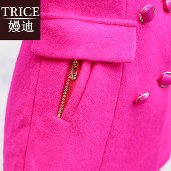 trice2015秋冬装新款时尚白毛领修身毛呢外套女中长款韩版毛呢大衣女 HYYF889 玫红色 L