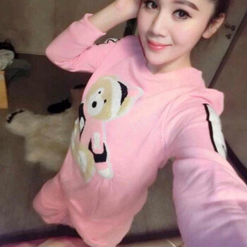 羽思迪 2015秋冬新款卫衣女加厚保暖可爱小熊套头小衫+个性休闲拉绒运动套装女 粉红色 均码