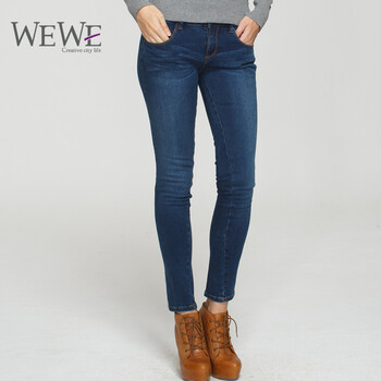WEWE冬季女装牛仔裤棉质休闲长裤保暖裤子 蓝色 M(26)