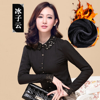 冰子云职业装女装冬季新款保暖加绒打底衬衣修身OL气质衬衫保暖 加绒黑色 XXL