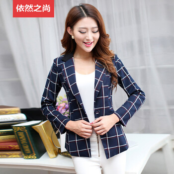 依然之尚2015春秋装新款一粒扣格子小西装外套女大码修身显瘦西服Y2040 图色 M