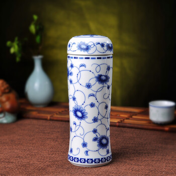 高档陶瓷保温杯 青花瓷商务办公礼品茶杯 双层内胆养生水杯 花香