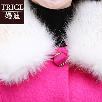 trice2015秋冬装新款时尚白毛领修身毛呢外套女中长款韩版毛呢大衣女 HYYF889 玫红色 L