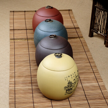 
                                        谱茗-宜兴紫砂茶具 普洱茶叶罐 紫砂大号散茶罐 大龙蛋  四色醒茶罐 一斤装山水 四色一套                