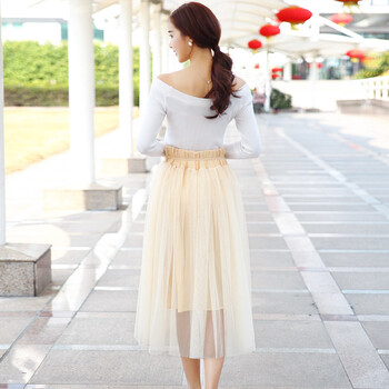 优资杉2015春夏装新款韩版女装百搭长裙子纱网半身裙 杏色 均码