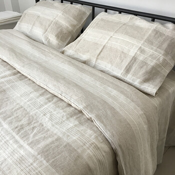 法国进口原料纯亚麻水洗床单天然舒适 水洗亚麻色织宽条 250cmx270cm
