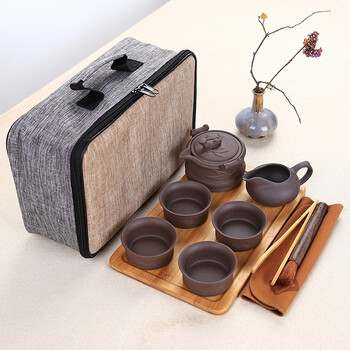 壶旅行茶具 功夫茶壶 户外便携竹盘茶巾套装 款式四竹韵紫砂六件套