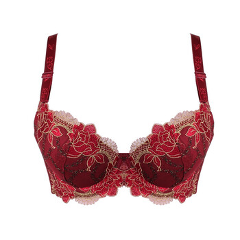 调整型文胸小胸牡丹刺绣红厚上薄下厚内衣女胸罩 枣红 75c