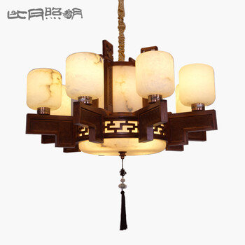 比月照明 中式西班牙透光云石客厅餐厅灯天然黄花梨木吸顶灯3529 六头