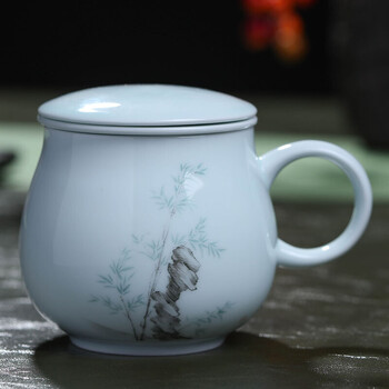 泡茶杯子陶瓷过滤带盖办公室水杯家用ins杯青花瓷杯马克杯 平安竹子