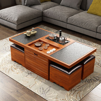 妮尔美(nierm) 茶几 功夫茶几 现代火烧石茶几桌 大理石泡茶桌椅组合