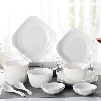 色碗碟套装 家用 方形陶瓷餐具日式中式简约碗盘 实惠套装 16件