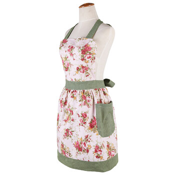 厨房用围裙 棉布围裙可爱花边印花围裙家用围裙 粉底大花