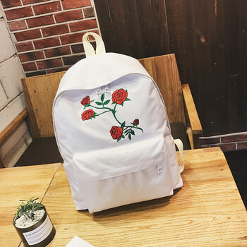 2017刺绣书包双肩包韩版复古玫瑰花朵帆布包高中学生闺蜜女背包 白色