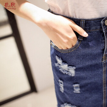 兆欣2015夏装新款女半身裙牛仔包臀裙破洞复古高腰修身牛仔短裙 深蓝色 S