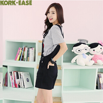 Kork-Ease小脚裤女夏背带裤女牛仔裤春牛仔短裤8785 黑色 L