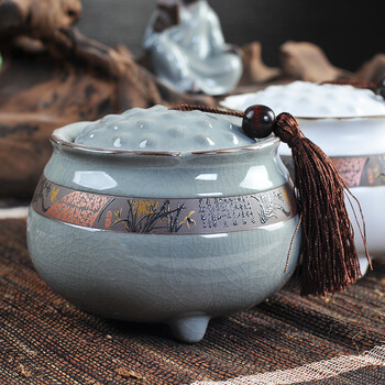 
                                        乐陶苑 哥窑茶叶罐陶瓷大号茶叶罐包装盒普洱茶醒茶叶罐无纺布密封茶叶桶特价 莲生罐.高风亮节(青)                