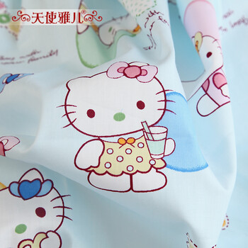
                                        天使雅儿 棉斜纹印花卡通可爱儿童床品布料手工面料 蓝色kitty 蓝kittyA版 （1.6米宽幅）一米                
