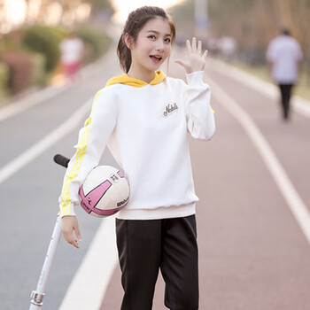 中学生套装女2017秋季连帽拼色少女装初中生套头运动两件套 黄色 xl