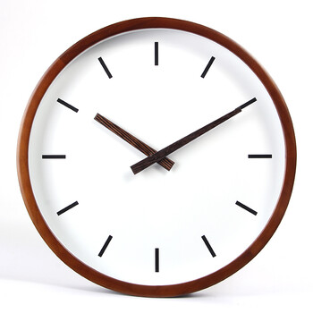 静音挂钟时尚创意客厅实木无声钟表圆形石英钟 线条木指针-胡桃色木框