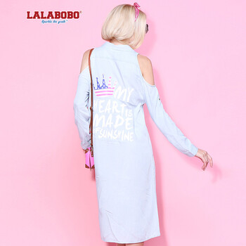 LALABOBO拉拉波波女装 连衣裙春夏款星条皇冠长款露肩牛仔L81A-WSNS46 浅套白 S