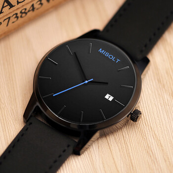 黑盘蓝针黑色皮带日历 女士手表(小表盘)