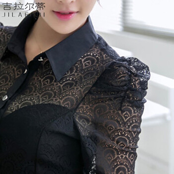 吉拉尔蒂2014蕾丝打底衫女长袖秋装新款韩版蕾丝t恤女长袖蕾丝雪纺衫J1738 黑色 M