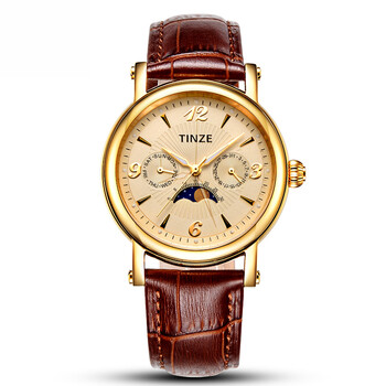 天际(tinze)男士手表 月相多功能石英男表 3036 金边金面