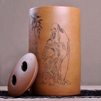 
                                                            茗露 宜兴紫砂茶叶罐 大号茶叶桶 紫砂缸茶仓 普洱茶缸 紫砂存茶罐 黄无量寿佛罐                