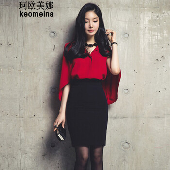 珂欧美娜2016新品女装夏时尚斗篷上衣修身包臀半身裙显瘦两件套装裙连衣裙 红色 M