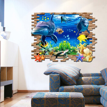 亮点 3D墙纸立体墙贴纸墙壁创意装饰沙发电视背景墙卧室贴画海豚长颈鹿大象篮球汽车桥贴画 01. 3D海豚