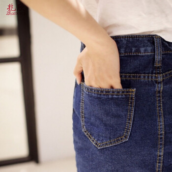 兆欣2015夏装新款女半身裙牛仔包臀裙破洞复古高腰修身牛仔短裙 深蓝色 S