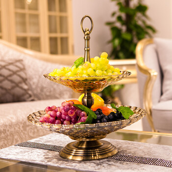 欧式家居双层果盘创意现代客厅茶几摆设样板房装饰品玻璃果盘摆件sn