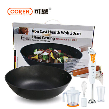 COREN 韩国进口 金刚铸铁30cm炒锅+欧科手持式搅拌机 两种组合更实惠