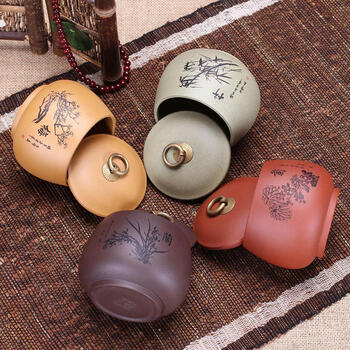 
                                        玖晟祥 宜兴紫砂茶叶罐原矿紫砂醒茶罐 精品普洱罐 陶瓷缸梅兰竹菊 铜扣小罐—菊花款                